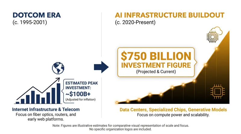 A comparison of capital expenditure between the current AI buildout and historical tech booms.