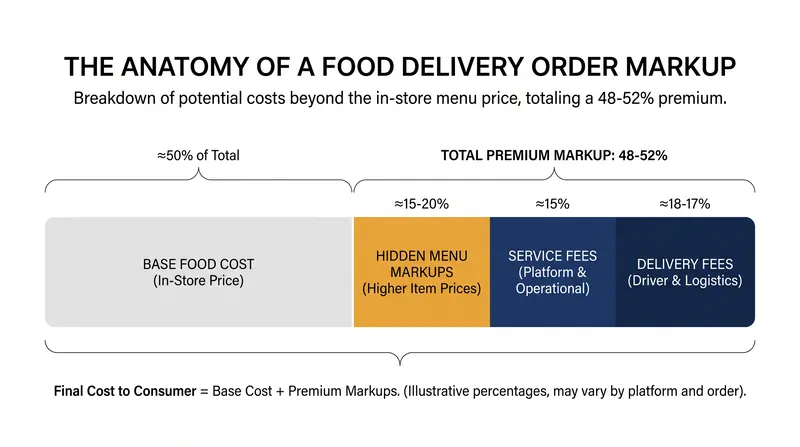 Consumer Reports found that hidden fees and markups add roughly 50% to the base cost of delivery orders.