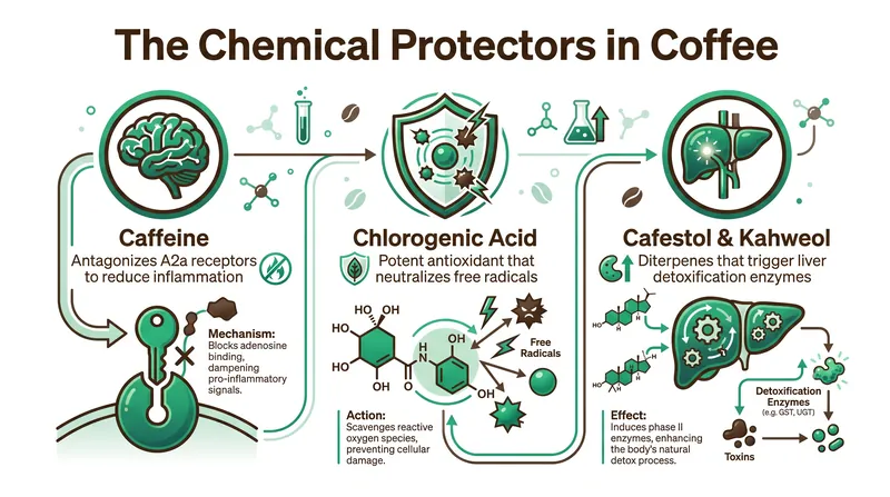 The primary compounds in coffee responsible for its protective effects on hepatic tissue.