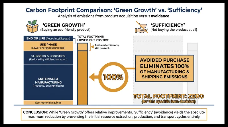 The emissions difference between consuming greener and consuming less.