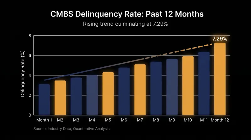 The CMBS delinquency rate has climbed to 7.29% as short-term loan extensions expire.