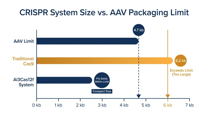 Traditional Cas9 systems exceed the cargo capacity of AAV vectors, while the new compact system fits easily.