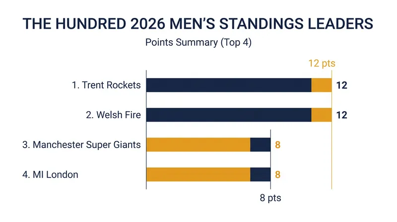 Trent Rockets and Welsh Fire share the top spot in the men's standings at the midpoint of the 2026 season.