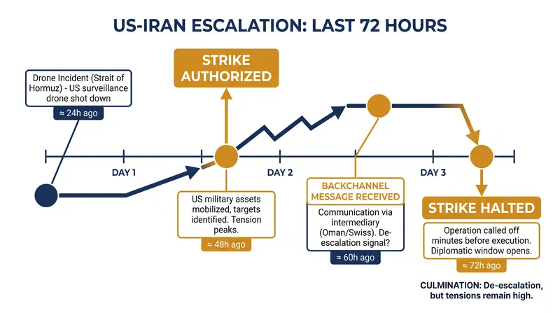 Timeline of the 72-hour escalation and sudden diplomatic pivot.