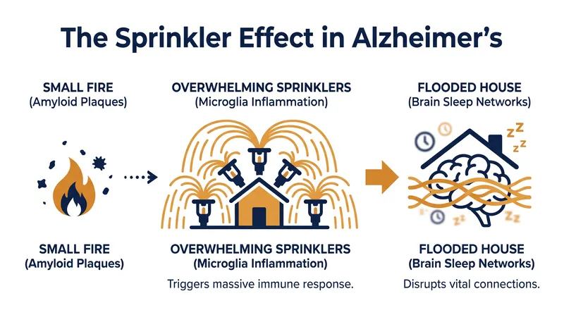 Researchers liken the brain's immune response to a sprinkler system causing more disruption than the initial fire.