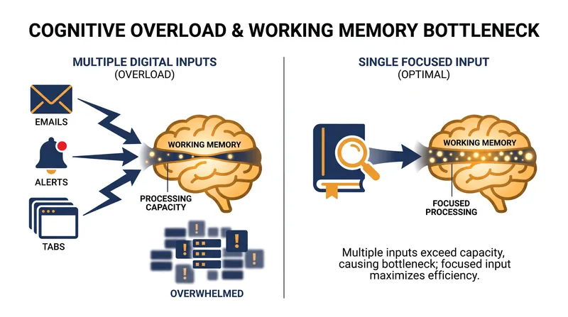 The human brain is not architected for parallel processing; multiple digital inputs quickly overwhelm working memory.