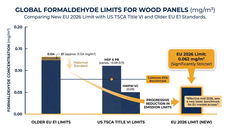 The EU's new threshold is significantly stricter than current U.S. allowances for particleboard and MDF.