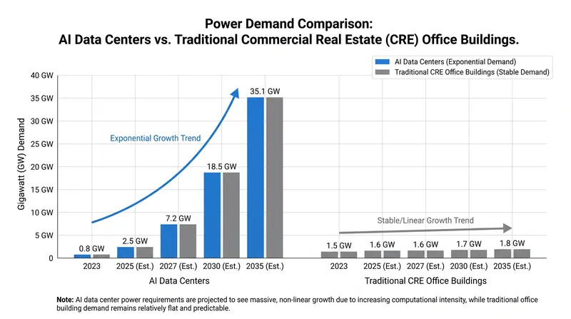 AI data centers require exponentially more electricity than traditional commercial real estate.
