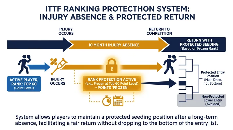 The ITTF Ranking Protection system ensures injured players aren't heavily penalized during extended medical absences.