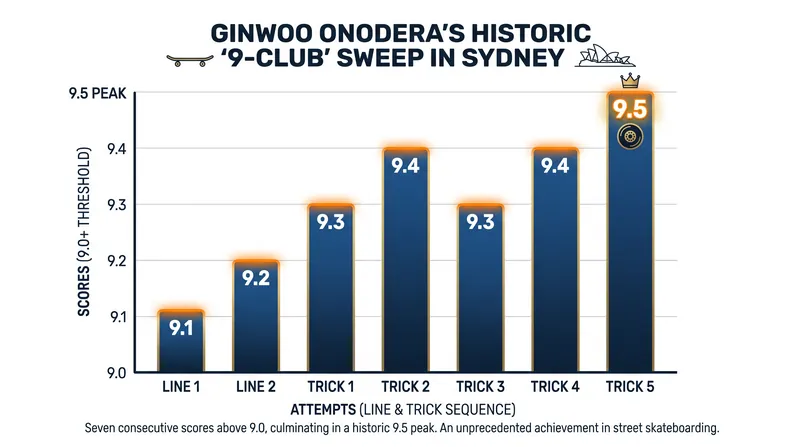 Ginwoo Onodera became the first skater in SLS history to score a 9.0 or higher on all seven attempts.