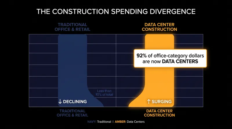 Data centers now account for the vast majority of construction dollars in categories that traditionally tracked office buildings.