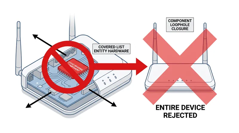 The new component ban prohibits the authorization of any device containing logic hardware from blacklisted foreign entities.