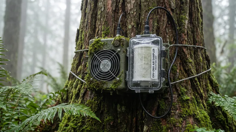 Airborne eDNA sensors can capture genetic traces from pollen, spores, and animal dander suspended in the forest canopy.