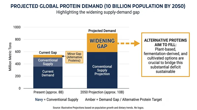 Global protein demand is projected to surge as the population nears 10 billion.