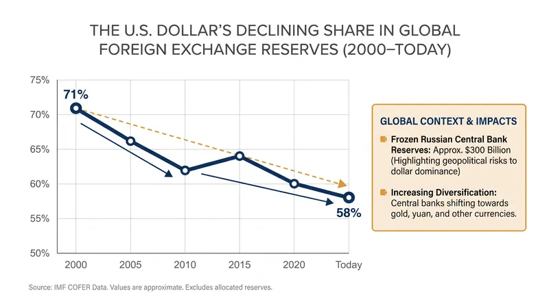 The U.S. dollar's share of global reserves has steadily declined over the past two decades.