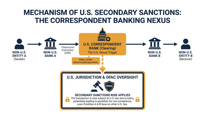 How secondary sanctions leverage the dollar clearing system to enforce U.S. jurisdiction globally.