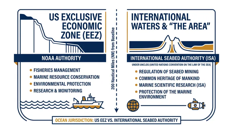 How maritime law divides the ocean floor between national jurisdiction and the international 'Area.'