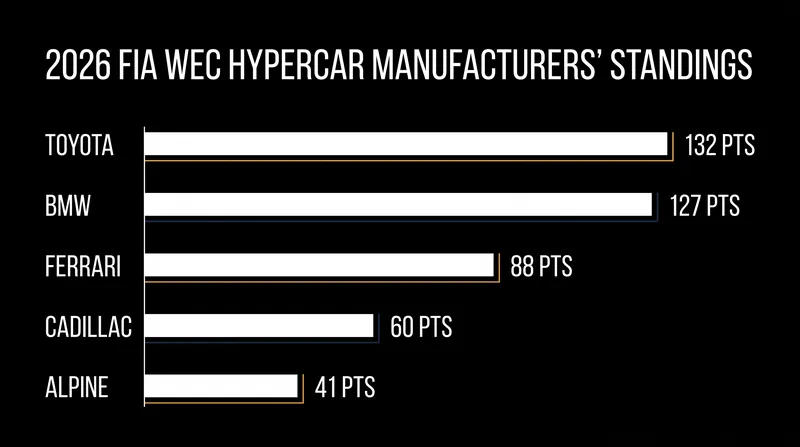 Toyota holds a narrow five-point lead over BMW in the manufacturers' championship at the halfway mark.