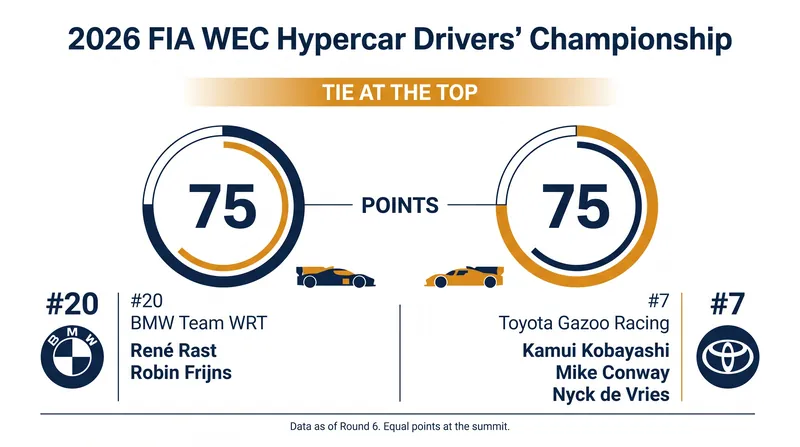 The drivers' championship features a rare dead heat between the leading BMW and Toyota crews.