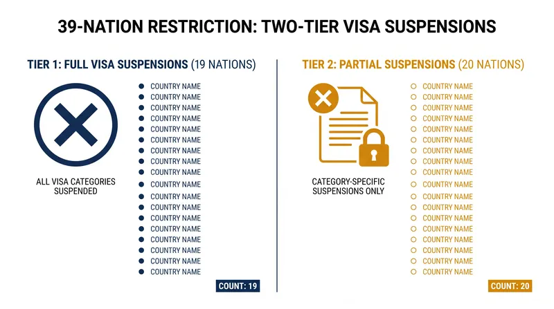 The restriction divides affected nations into full and partial suspension tiers, with different rules for each.