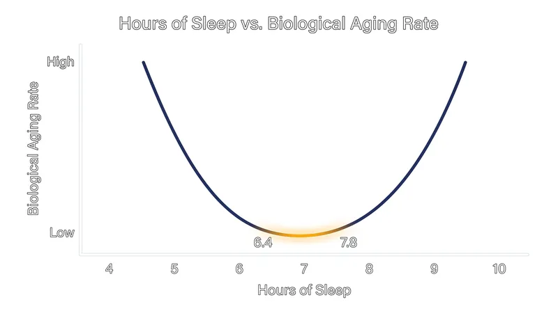 Biological aging accelerates when sleep duration falls below 6 hours or extends beyond 8 hours.