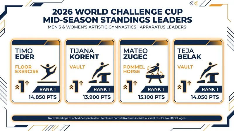 Current apparatus leaders in the 2026 FIG World Challenge Cup series.