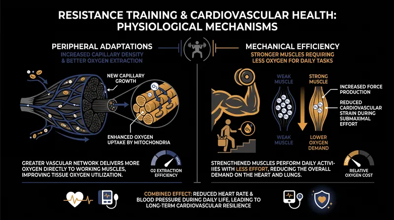 Resistance training improves heart health primarily through peripheral adaptations in the muscle tissue and enhanced mechanical efficiency.