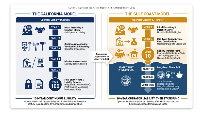 States are diverging sharply on how to handle the long-term risk of carbon storage.