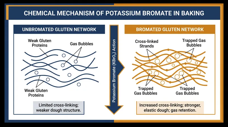 Potassium bromate acts as an oxidizing agent, strengthening the gluten network to trap expanding gases during fermentation.