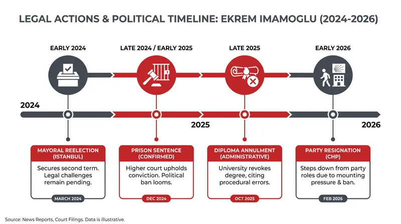 The sequence of judicial interventions that led to Imamoglu's departure from the traditional opposition.
