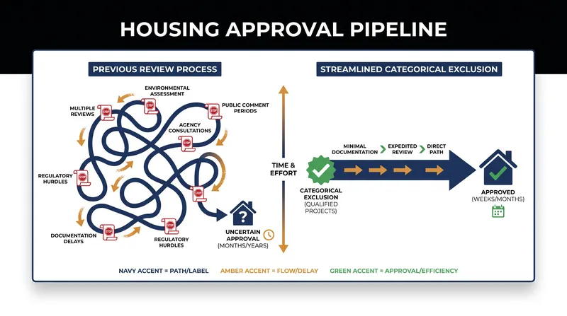 Categorical exclusions under NEPA are designed to bypass lengthy environmental impact studies for housing projects.