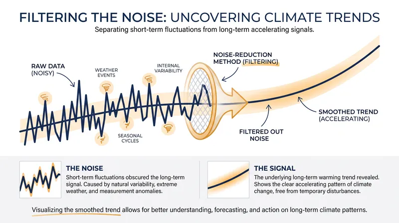 Filtering out natural fluctuations like El Niño reveals the true acceleration of human-caused warming.