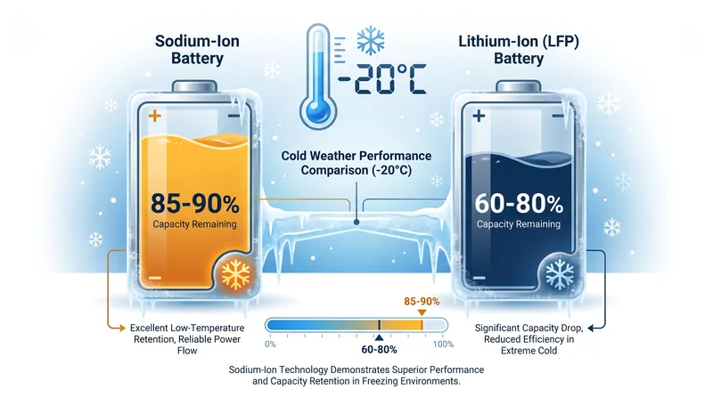Sodium-ion cells retain significantly more capacity in freezing temperatures than standard LFP cells.