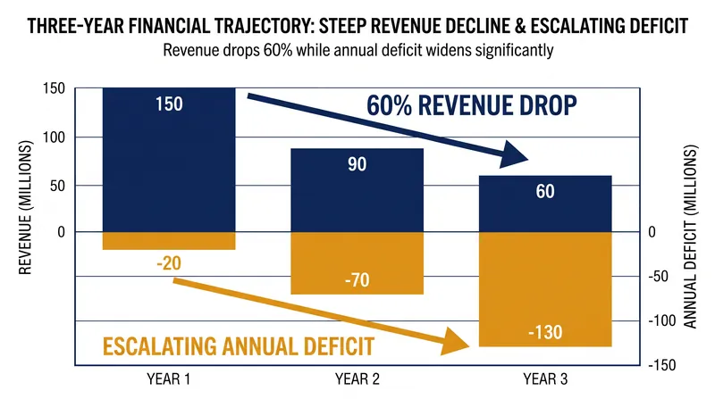 League revenue plummeted by 60% between 2022 and 2024, driving the cumulative deficit to $35 million.