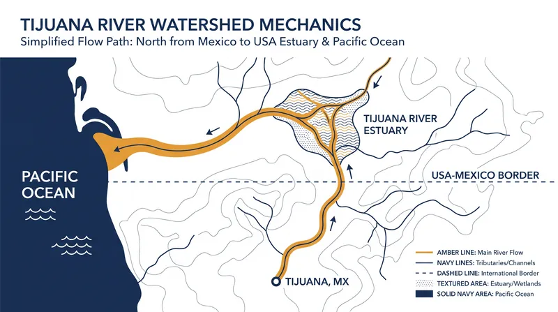Gravity pulls the Tijuana River's flow northward across the international border.