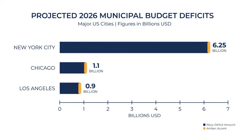 Projected 2026 operating deficits for select major US municipalities.