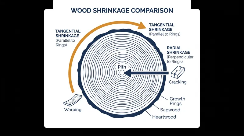 Tangential shrinkage across the growth rings is typically twice as severe as radial shrinkage.