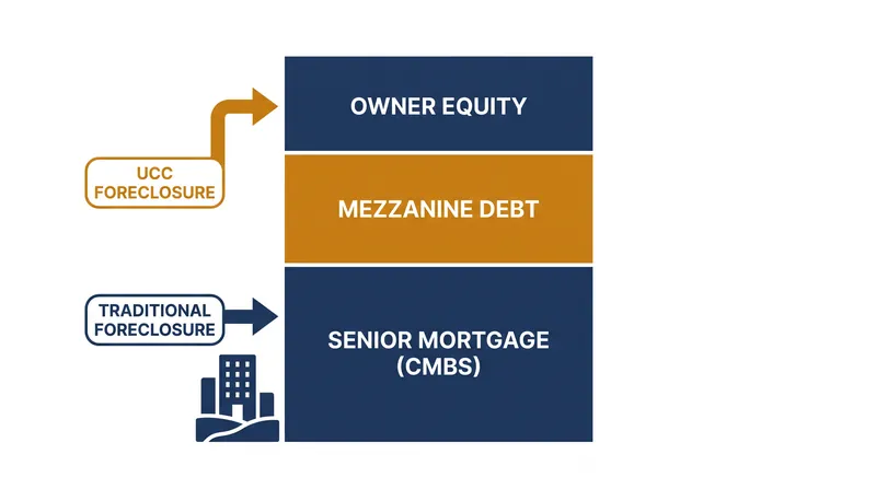 How the capital stack dictates the foreclosure path: Mezzanine lenders can bypass the physical asset to seize the ownership entity directly.