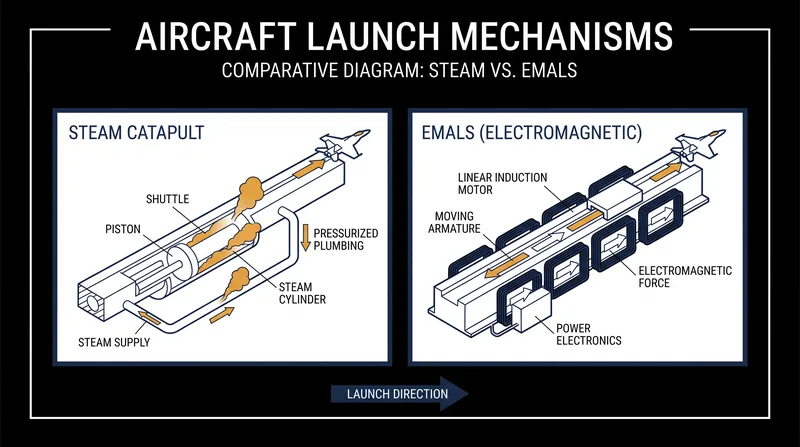 A comparison of the traditional steam catapult mechanism and the newer Electromagnetic Aircraft Launch System (EMALS).