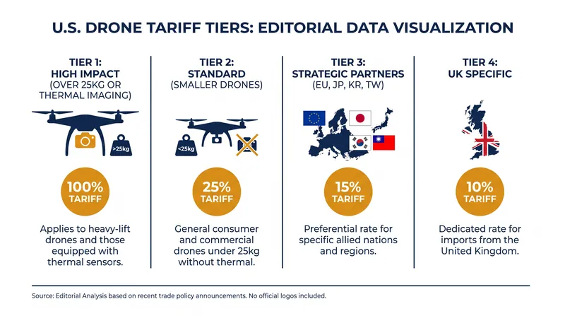 The tiered tariff structure targets sensitive technologies while applying lower rates to allied nations.
