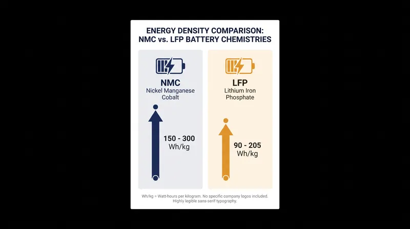 NMC cells store more energy per kilogram, but LFP's stability allows for denser pack-level engineering.