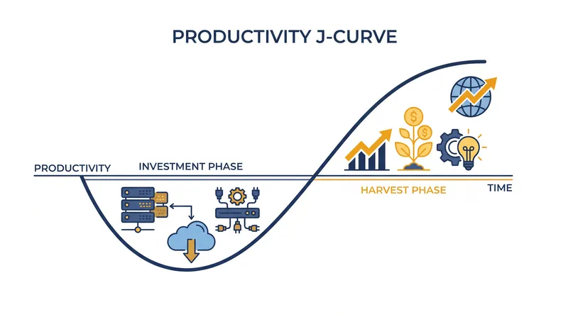 The Productivity J-Curve illustrates how new general purpose technologies require massive upfront investment before yielding broader economic efficiency.
