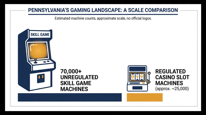 An estimated 70,000 unregulated skill games currently operate in Pennsylvania, dwarfing the number of regulated slot machines.