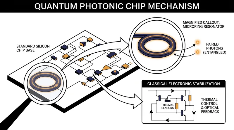 How quantum light sources and classical control electronics are integrated onto a single silicon substrate.