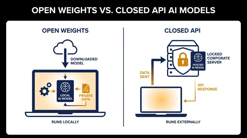 Open-weight models allow developers to run AI locally, whereas closed models require paying for API access to a central server.