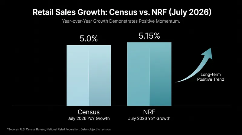 Both major datasets agree that year-over-year retail spending remains robust, growing at roughly 5%.