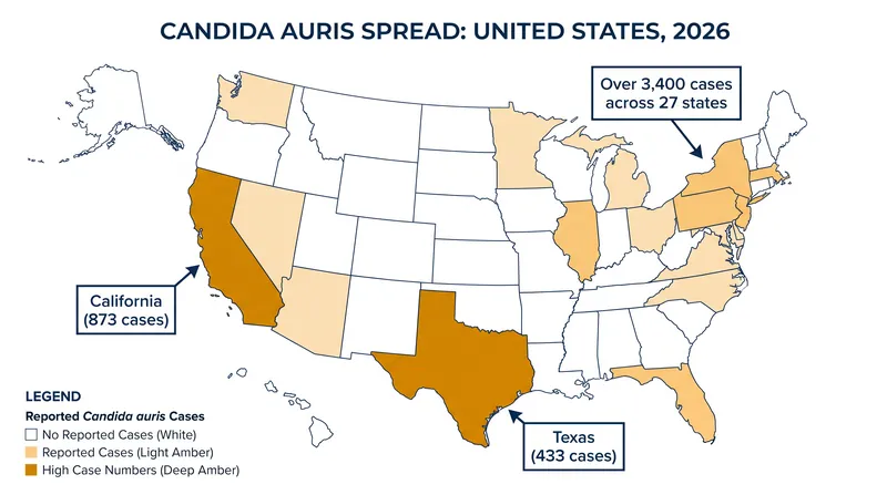 California and Texas have reported the highest number of Candida auris cases so far in 2026.