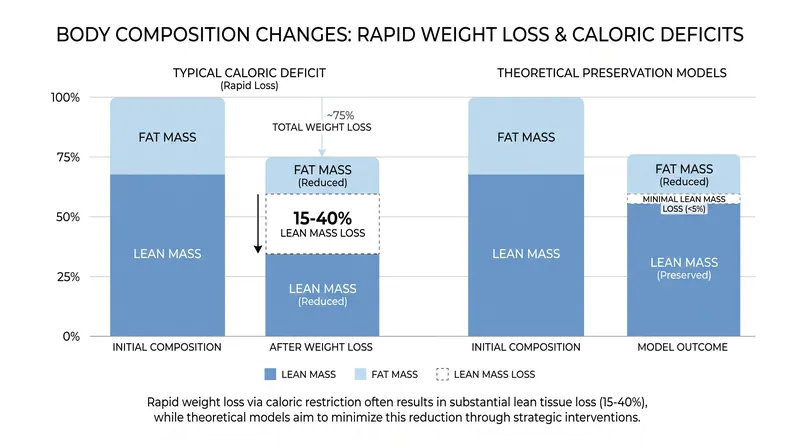 A significant portion of weight lost through caloric restriction comes from metabolically active lean mass.