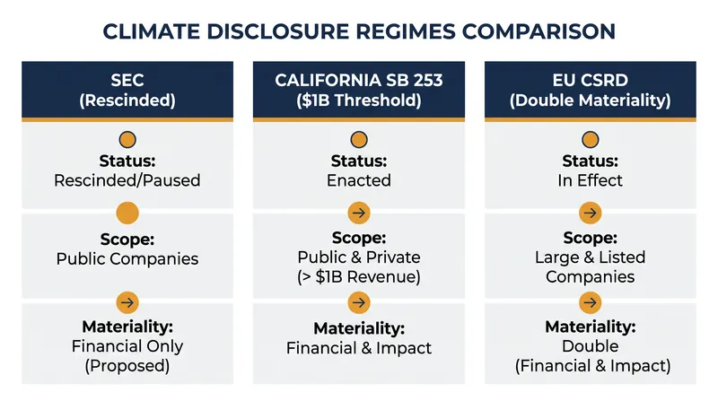 How the three major climate disclosure regimes diverge in 2026.