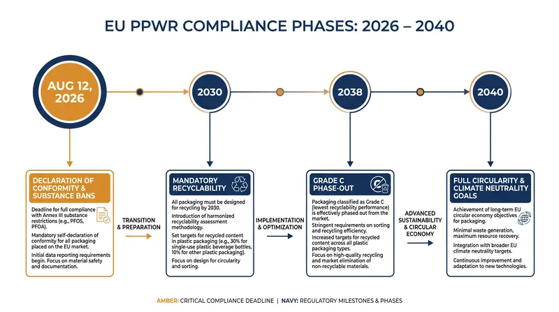 The PPWR rolls out in phases, but the first hard stop for supply chains arrives in August 2026.